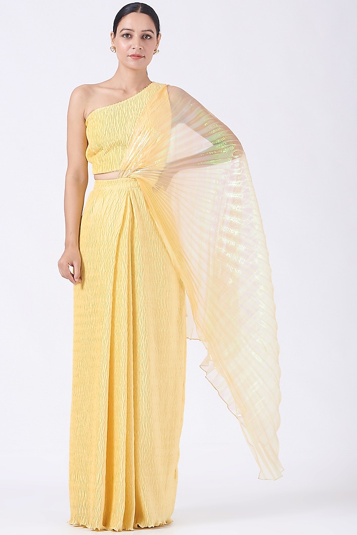 Yellow Pleated Satin Draped Saree Set by Show Shaa