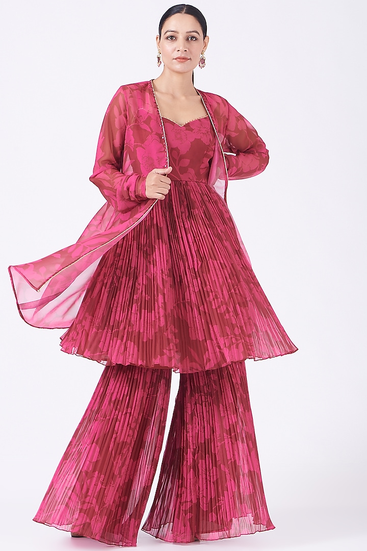 French Rose & Maroon Printed Party Wear Sharara Set by Show Shaa at Pernia's Pop Up Shop