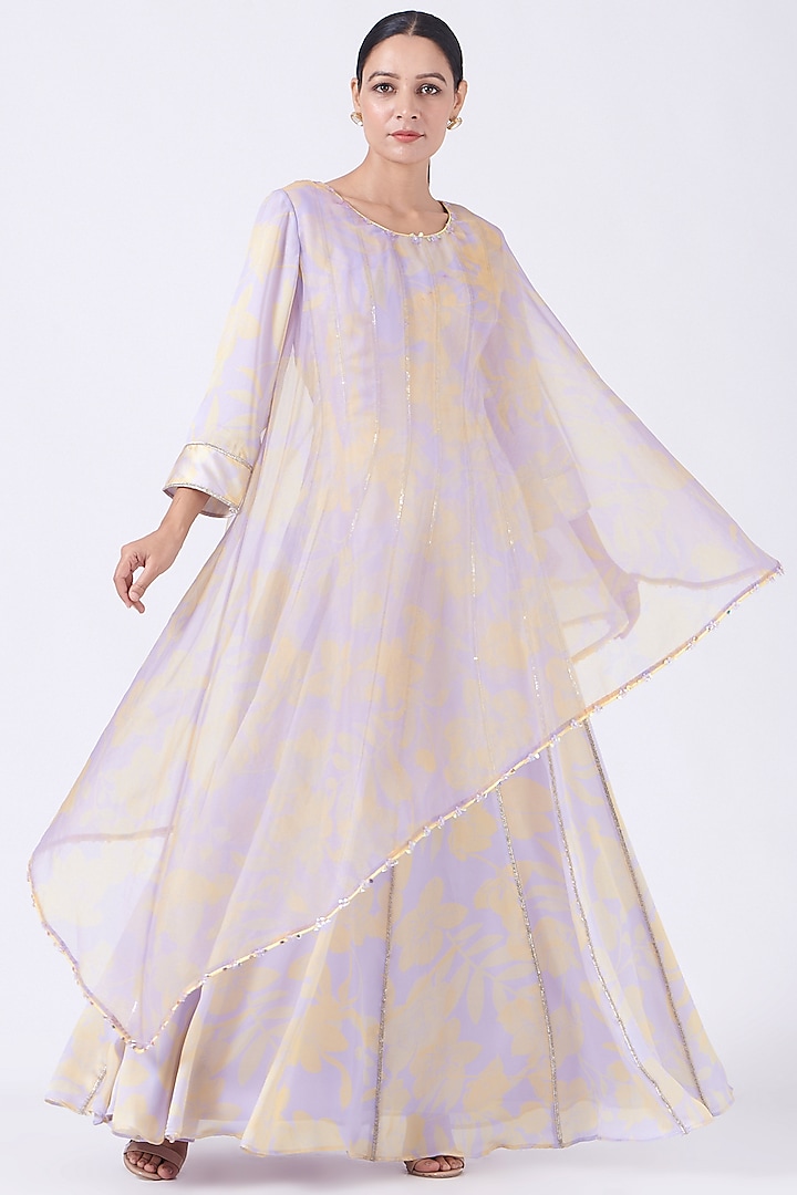 Mauve Printed Anarkali With Attached Cape by Show Shaa