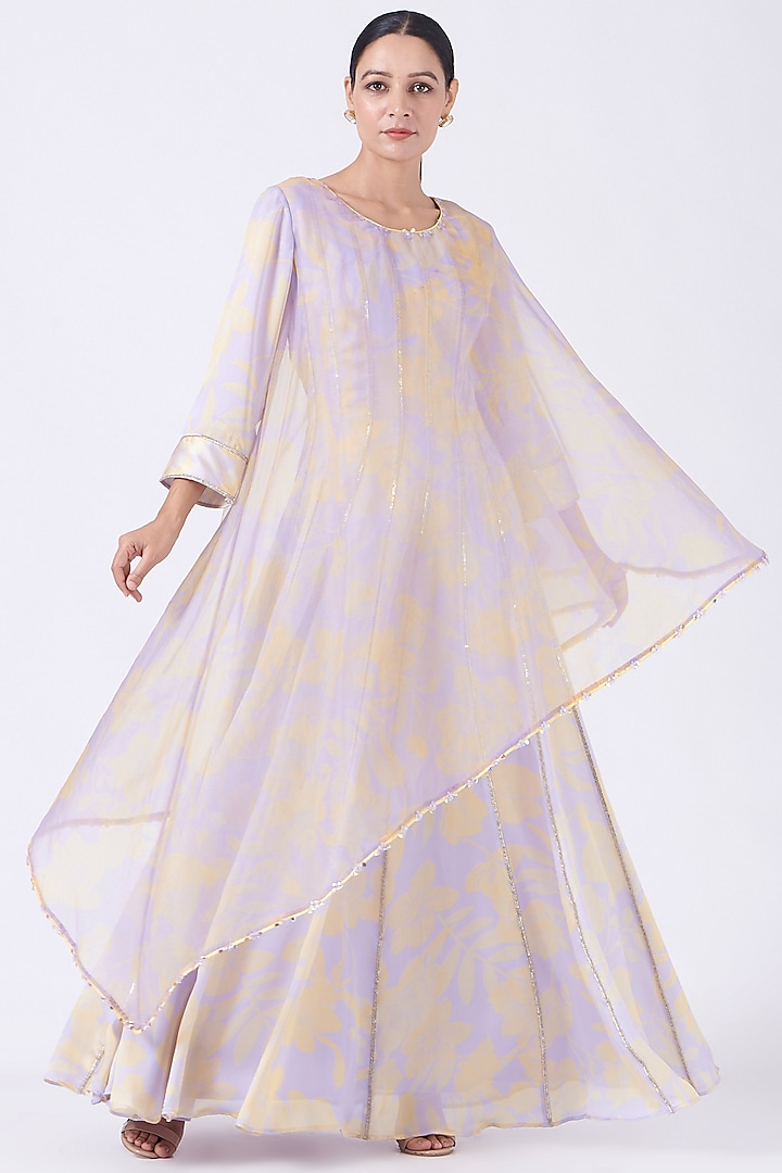 Mauve Printed Anarkali With Attached Cape by Show Shaa at Pernia's Pop Up Shop