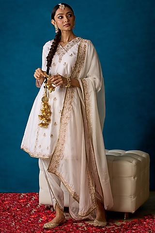 White Satin Dhoti Set by SOHA BY HARLEEN AND SONA