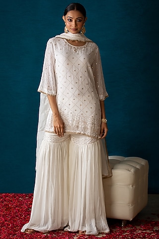 Shell White Georgette Sharara Set by SOHA BY HARLEEN AND SONA