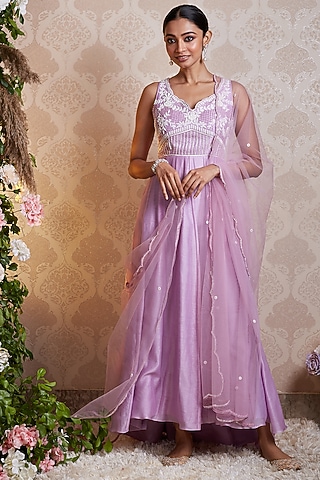 Lilac Chanderi Silk Hand Embellished Anarkali Set by SOHA BY HARLEEN AND SONA