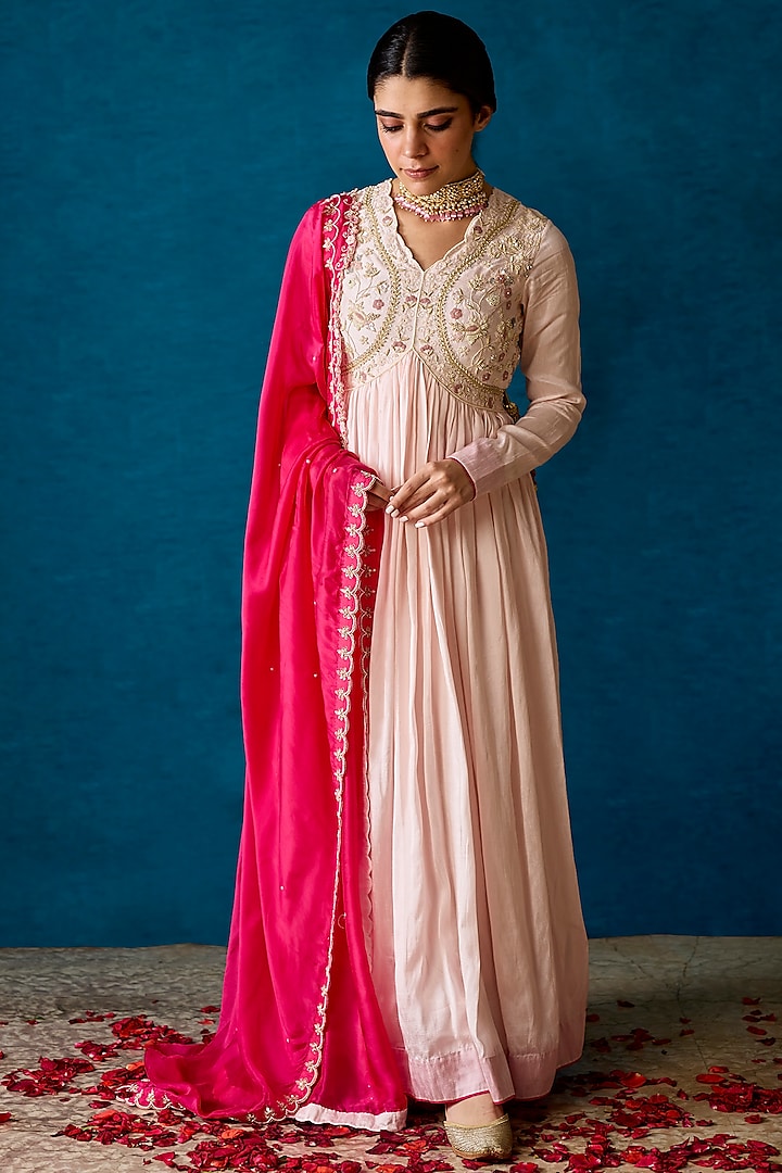 Light Pink Bemberg Silk Hand Embellished Anarkali Set by SOHA BY HARLEEN AND SONA