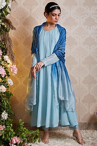 Pastel Blue Georgette Hand Embroidered Anarkali Set by SOHA BY HARLEEN AND SONA