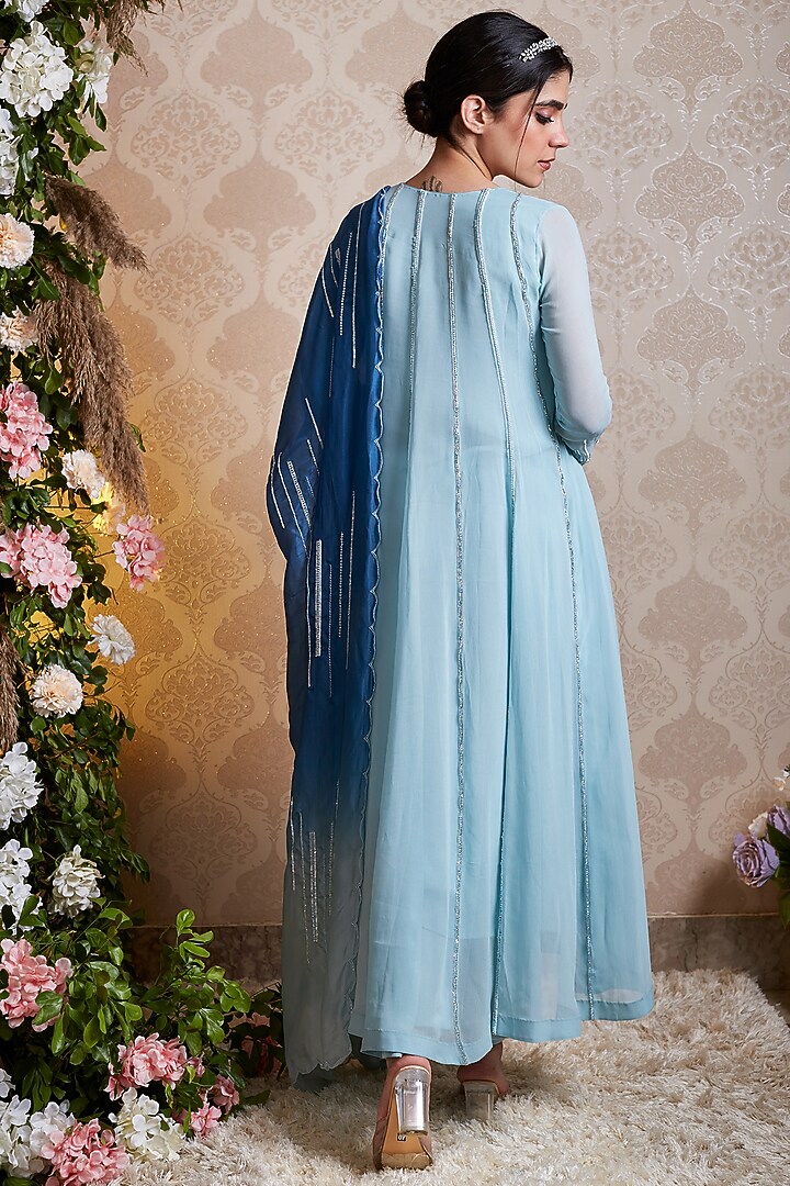 Pastel Blue Georgette Hand Embroidered Party Wear Anarkali Set by SOHA BY HARLEEN AND SONA at Pernia's Pop Up Shop