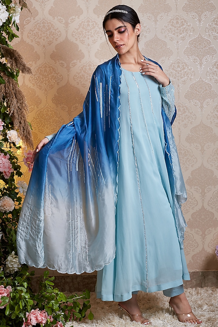 Pastel Blue Georgette Hand Embroidered Party Wear Anarkali Set by SOHA BY HARLEEN AND SONA at Pernia's Pop Up Shop