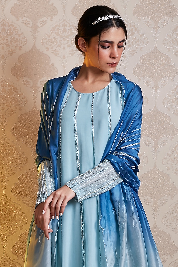 Pastel Blue Georgette Hand Embroidered Party Wear Anarkali Set by SOHA BY HARLEEN AND SONA at Pernia's Pop Up Shop