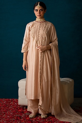 Nude Bemberg Silk Hand Embroidered Kurta Set by SOHA BY HARLEEN AND SONA