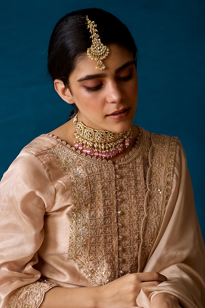 Nude Bemberg Silk Hand Embroidered Kurta Set by SOHA BY HARLEEN AND SONA at Pernia's Pop Up Shop