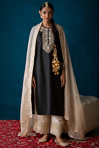 Black Pure Silk Hand Embroidered Kurta Set by SOHA BY HARLEEN AND SONA