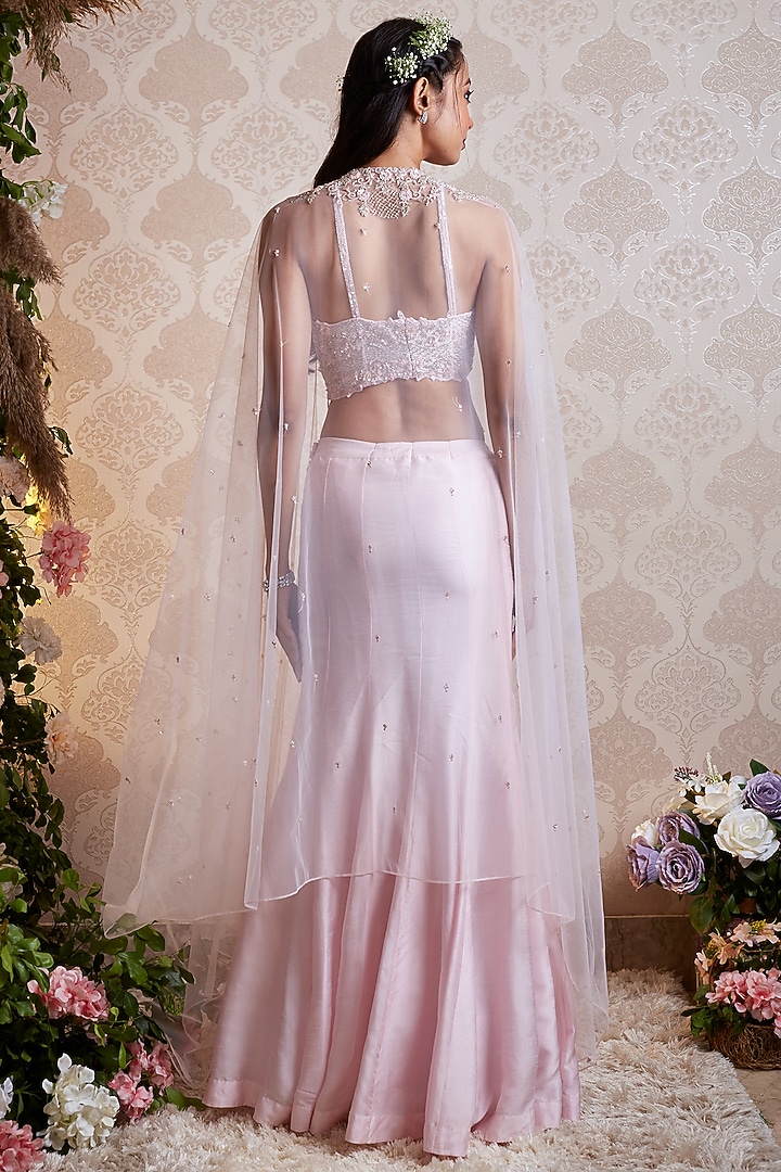 Pastel Pink Bemberg Silk Embellished Jacket Wedding Lehenga Set by SOHA BY HARLEEN AND SONA at Pernia's Pop Up Shop