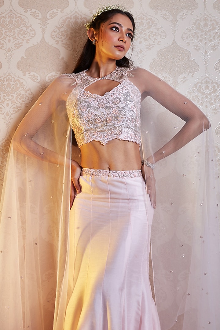 Pastel Pink Bemberg Silk Embellished Jacket Wedding Lehenga Set by SOHA BY HARLEEN AND SONA at Pernia's Pop Up Shop
