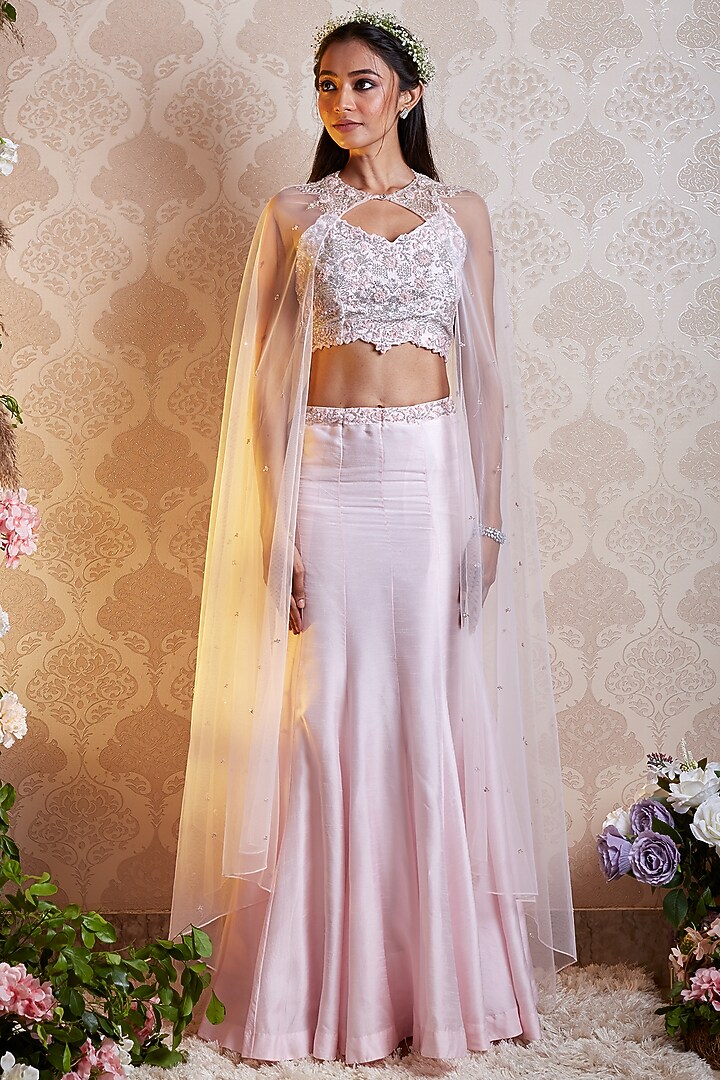 Pastel Pink Bemberg Silk Embellished Jacket Wedding Lehenga Set by SOHA BY HARLEEN AND SONA at Pernia's Pop Up Shop