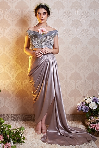 Grey Satin Draped Skirt Set by SOHA BY HARLEEN AND SONA