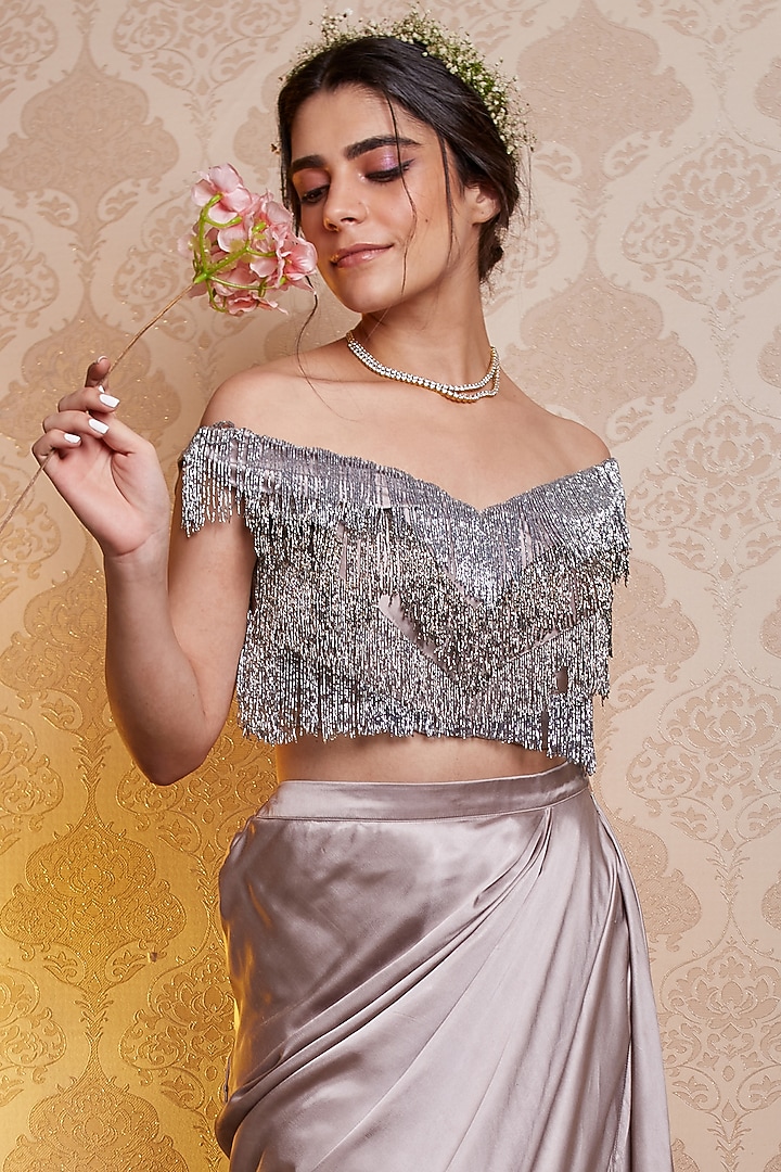 Grey Satin Draped Skirt Set by SOHA BY HARLEEN AND SONA at Pernia's Pop Up Shop