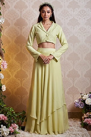Lime Green Crepe Layered Lehenga Set by SOHA BY HARLEEN AND SONA