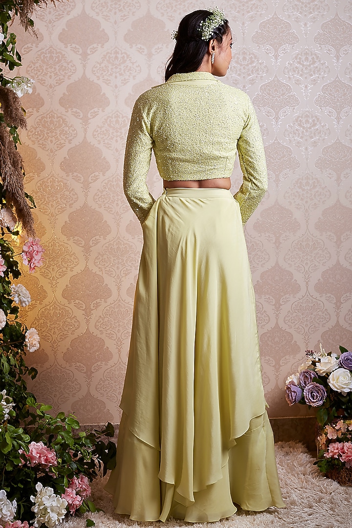 Lime Green Crepe Layered Wedding Lehenga Set by SOHA BY HARLEEN AND SONA at Pernia's Pop Up Shop