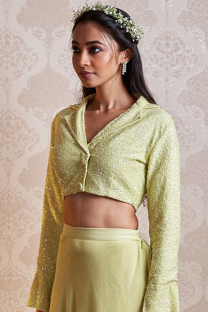 Lime Green Crepe Layered Wedding Lehenga Set by SOHA BY HARLEEN AND SONA at Pernia's Pop Up Shop