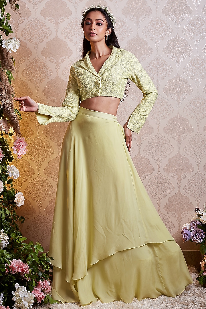 Lime Green Crepe Layered Wedding Lehenga Set by SOHA BY HARLEEN AND SONA at Pernia's Pop Up Shop
