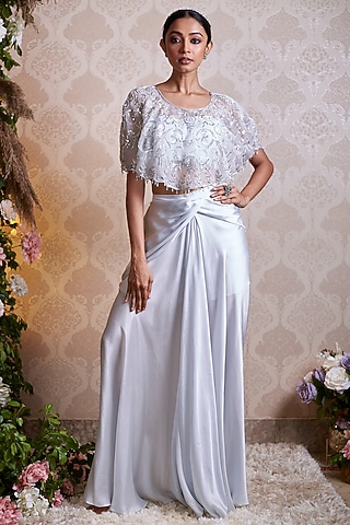 Powder Blue Satin Draped Skirt Set by SOHA BY HARLEEN AND SONA