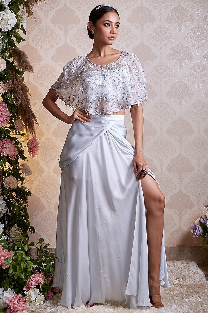 Powder Blue Satin Draped Skirt Set by SOHA BY HARLEEN AND SONA at Pernia's Pop Up Shop