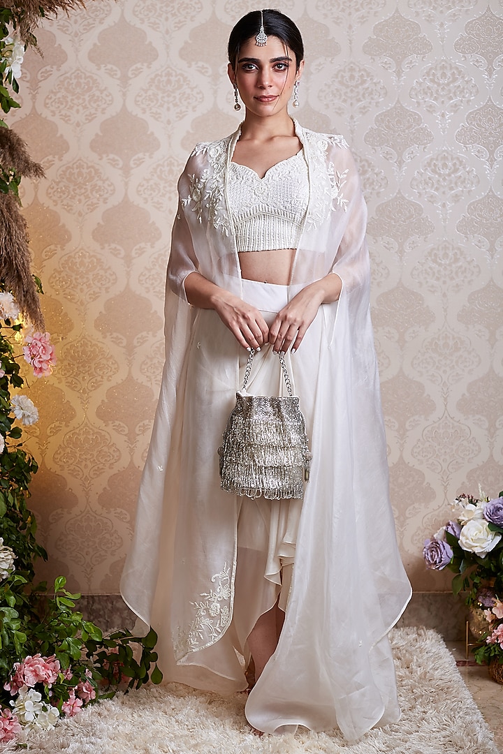 Off-White Organza Hand Embellished Cape Set by SOHA BY HARLEEN AND SONA at Pernia's Pop Up Shop