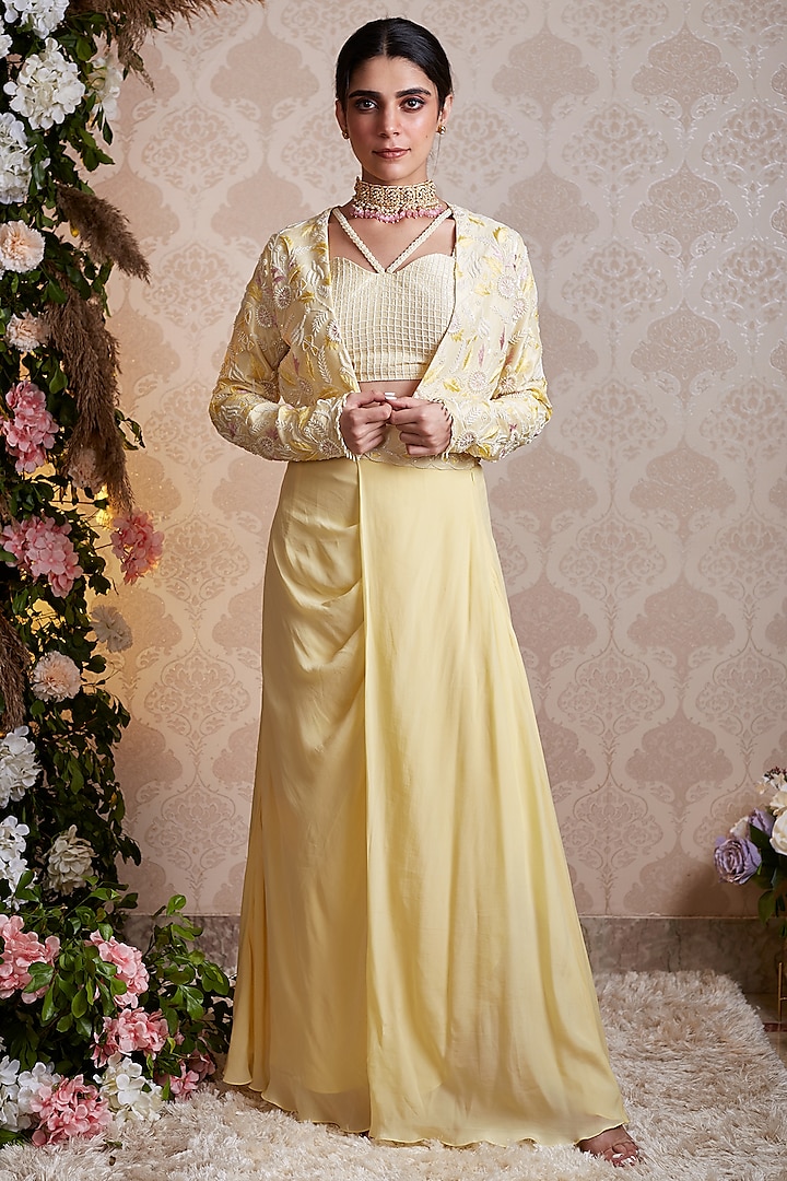 Pastel Yellow Crepe Skirt Set by SOHA BY HARLEEN AND SONA