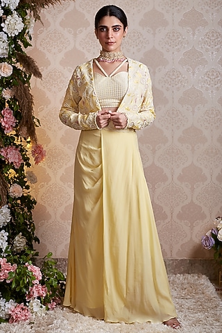 Pastel Yellow Crepe Skirt Set by SOHA BY HARLEEN AND SONA