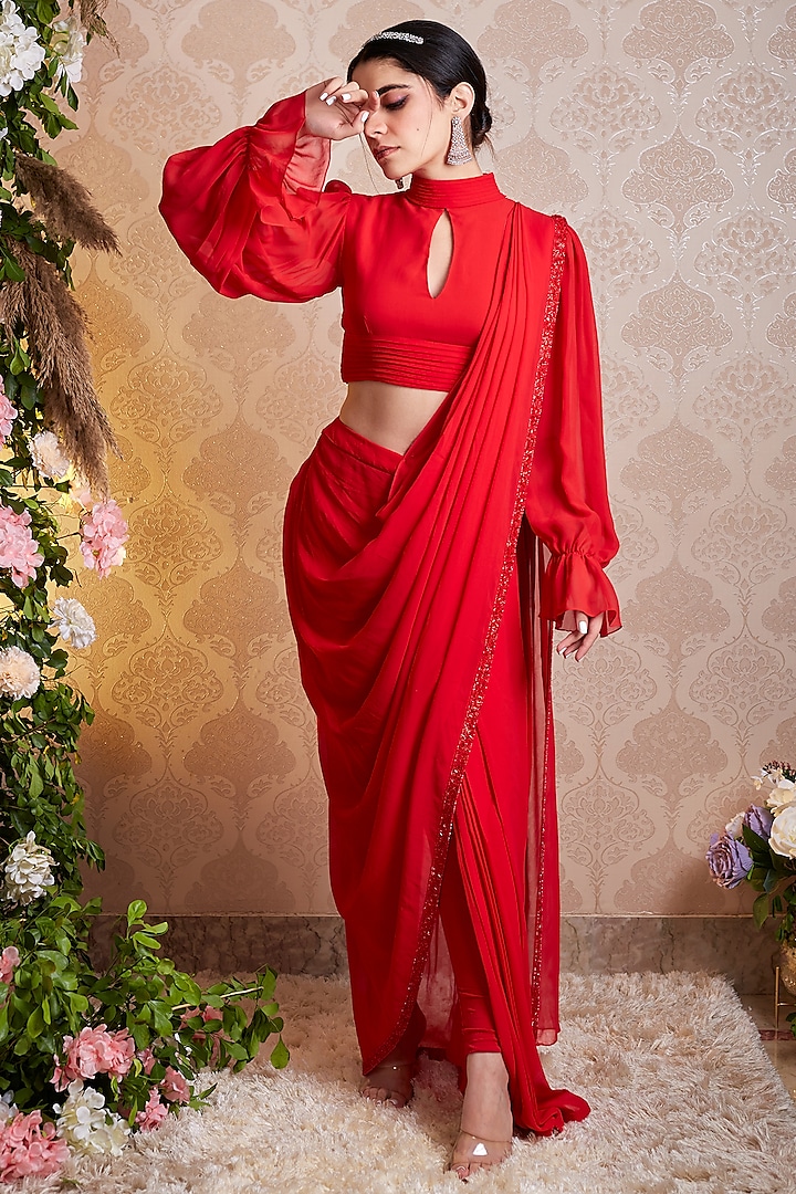 Red Georgette Pre-Draped Saree Set by SOHA BY HARLEEN AND SONA