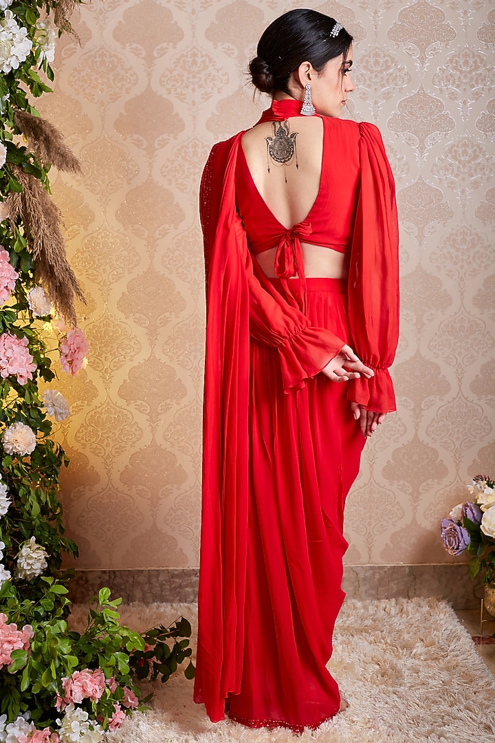 Red Georgette Pre-Draped Party Wear Saree Set by SOHA BY HARLEEN AND SONA at Pernia's Pop Up Shop