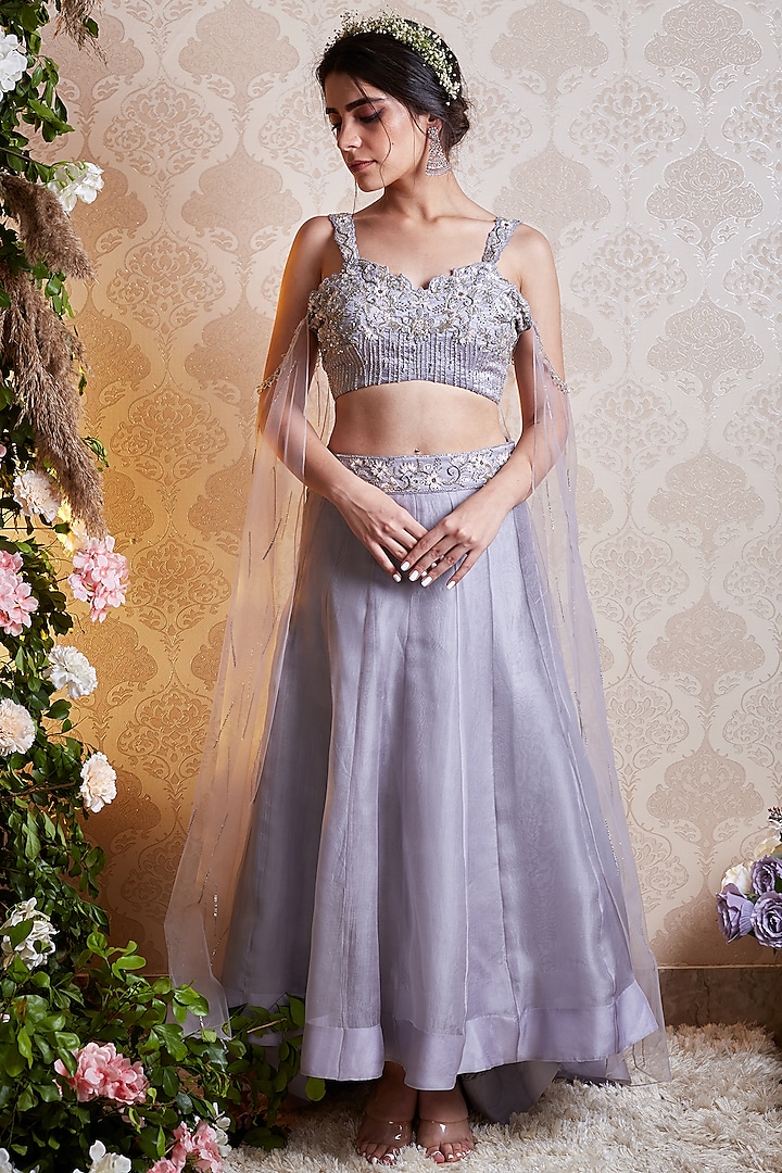 Light Grey Pure Organza Hand Embellished Lehenga Set by SOHA BY HARLEEN AND SONA