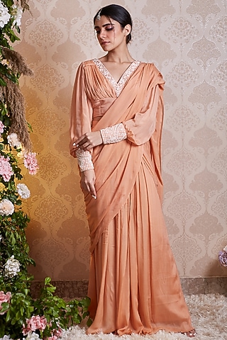 Light Peach Chinon Chiffon Sharara Saree Set by SOHA BY HARLEEN AND SONA