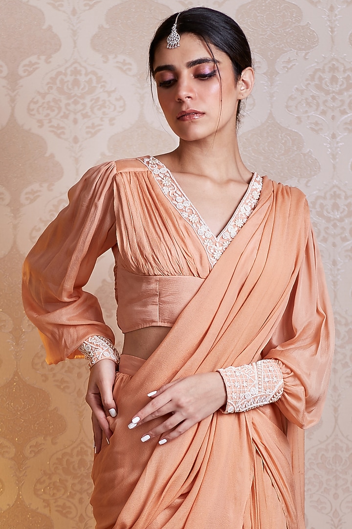 Light Peach Chinon Chiffon Sharara Party Wear Saree Set by SOHA BY HARLEEN AND SONA at Pernia's Pop Up Shop