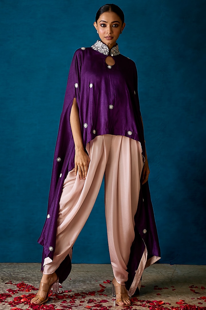 Purple Bemberg Silk Embroidered Cape Set by SOHA BY HARLEEN AND SONA