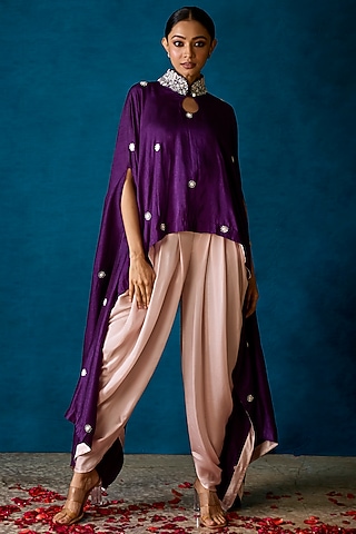 Purple Bemberg Silk Embroidered Cape Set by SOHA BY HARLEEN AND SONA