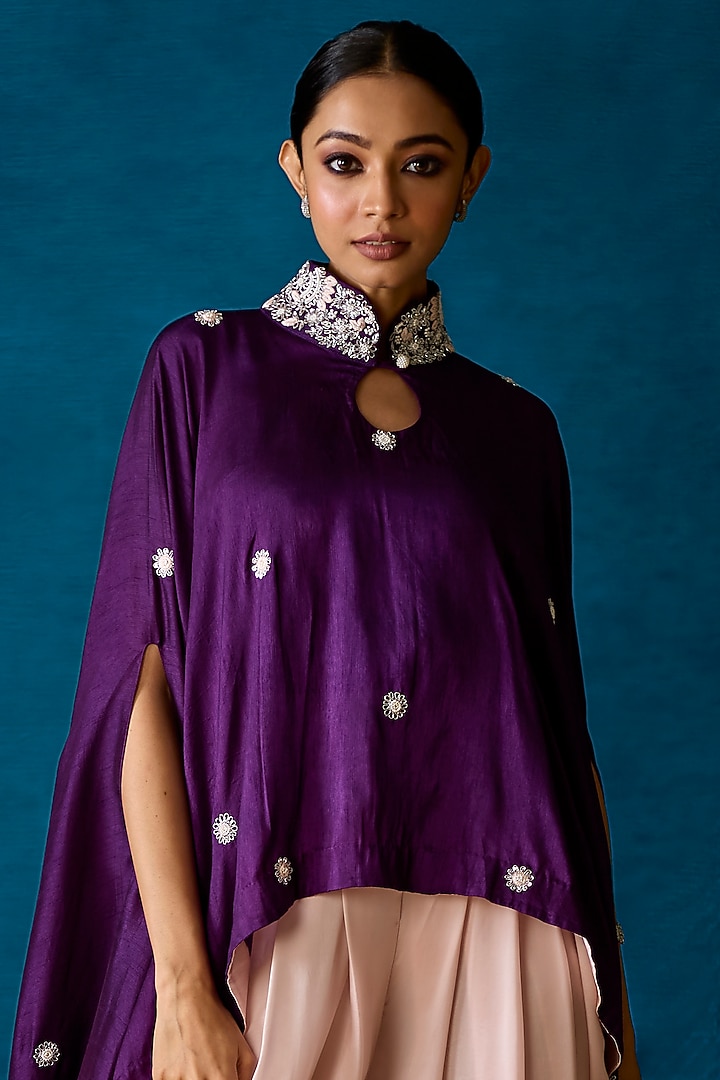 Purple Bemberg Silk Embroidered Cape Set by SOHA BY HARLEEN AND SONA at Pernia's Pop Up Shop