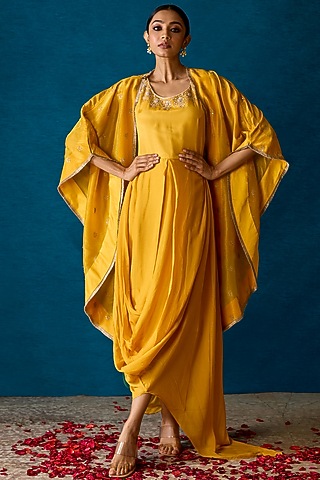 Mustard Yellow Chinon Chiffon Hand Embroidered Jacket Dress by SOHA BY HARLEEN AND SONA