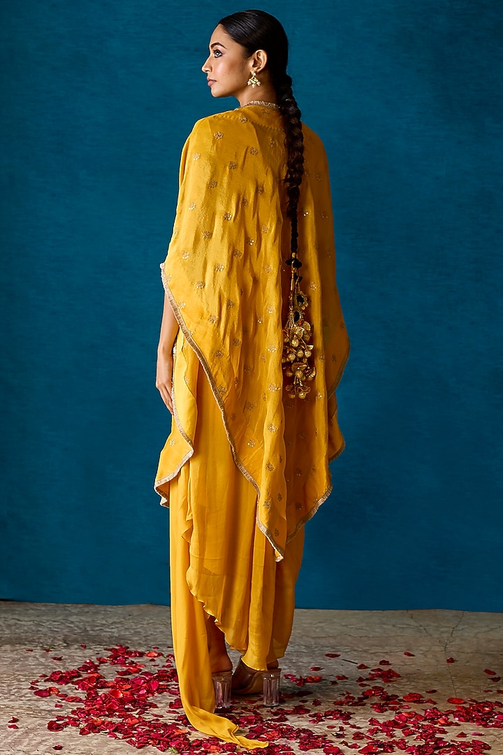 Mustard Yellow Chinon Chiffon Hand Embroidered Jacket Vacation Dress by SOHA BY HARLEEN AND SONA at Pernia's Pop Up Shop