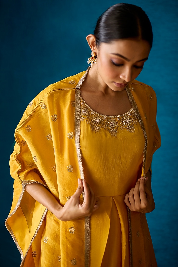 Mustard Yellow Chinon Chiffon Hand Embroidered Jacket Vacation Dress by SOHA BY HARLEEN AND SONA at Pernia's Pop Up Shop
