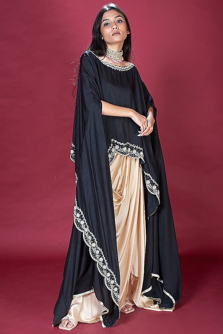 Black Bemberg Silk Embroidered Cape Set by SOHA BY HARLEEN AND SONA