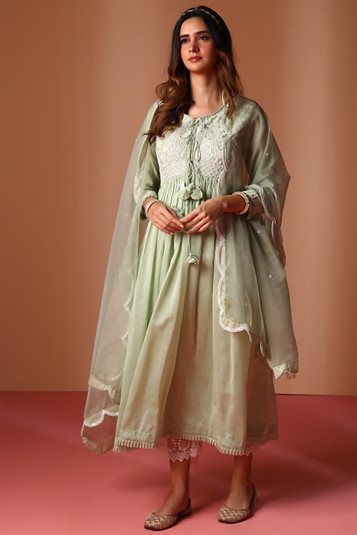 Mint Green Chanderi Silk Hand Embellished Anarkali Set by SOHA BY HARLEEN AND SONA