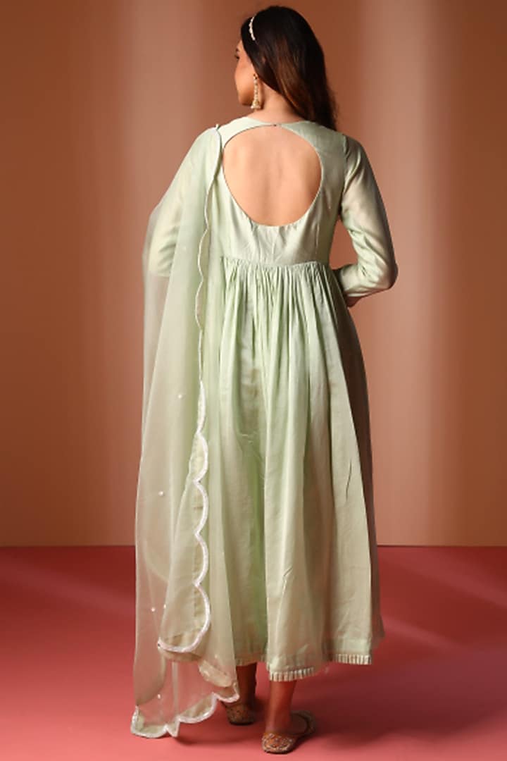 Mint Green Chanderi Silk Hand Embellished Party Wear Anarkali Set by SOHA BY HARLEEN AND SONA at Pernia's Pop Up Shop