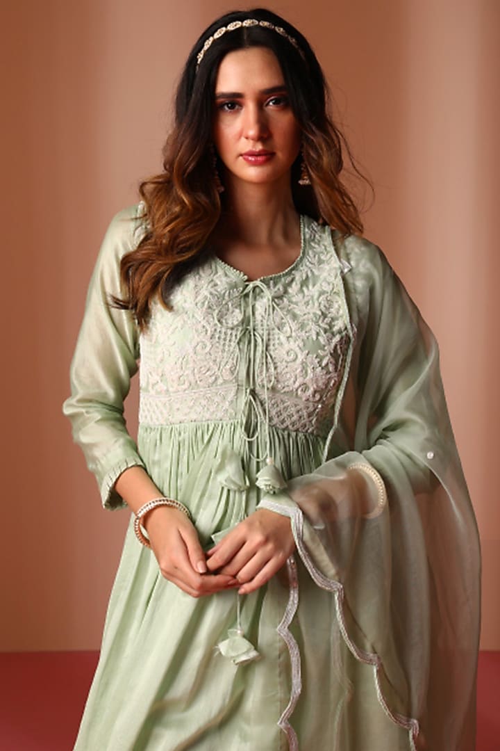Mint Green Chanderi Silk Hand Embellished Party Wear Anarkali Set by SOHA BY HARLEEN AND SONA at Pernia's Pop Up Shop