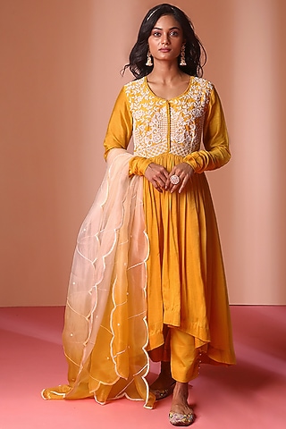 Mustard Yellow Muslin Silk Hand Embroidered Anarkali Set by SOHA BY HARLEEN AND SONA