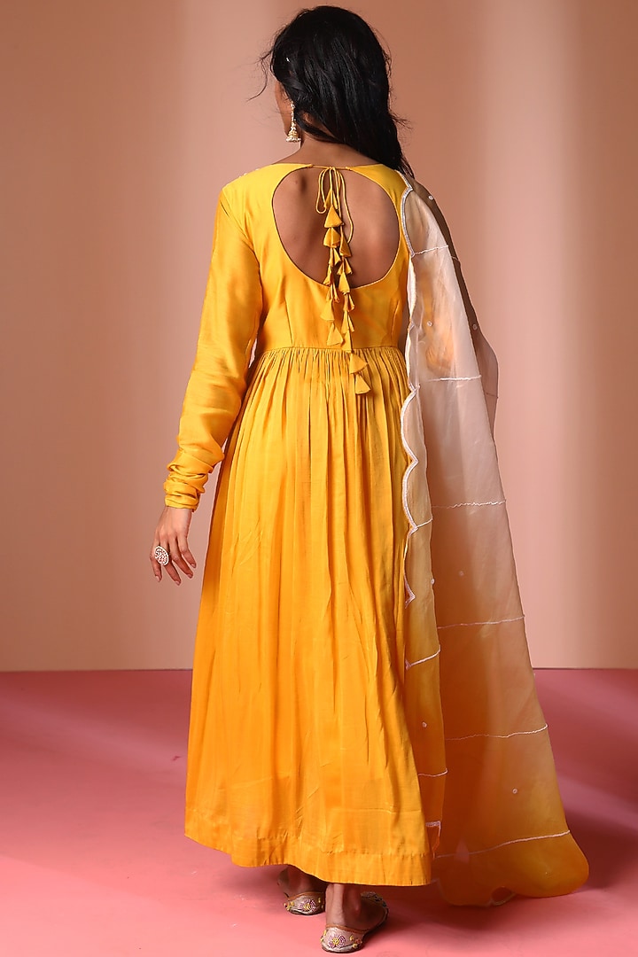 Mustard Yellow Muslin Silk Hand Embroidered Party Wear Anarkali Set by SOHA BY HARLEEN AND SONA at Pernia's Pop Up Shop