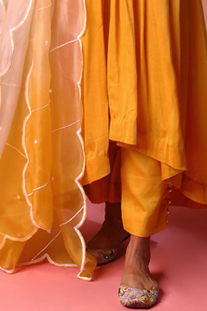 Mustard Yellow Muslin Silk Hand Embroidered Party Wear Anarkali Set by SOHA BY HARLEEN AND SONA at Pernia's Pop Up Shop