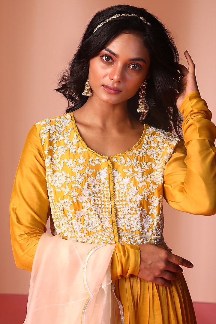 Mustard Yellow Muslin Silk Hand Embroidered Party Wear Anarkali Set by SOHA BY HARLEEN AND SONA at Pernia's Pop Up Shop