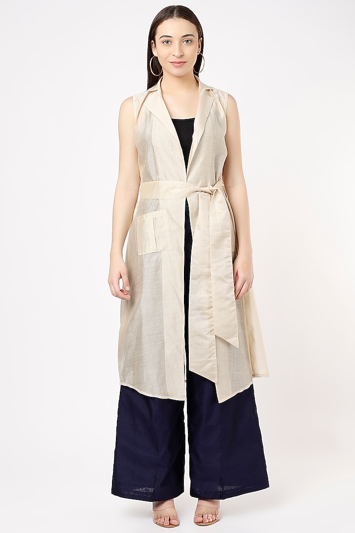 Ivory Chanderi Trench Jacket by Sheela Suthar Pret|Couture