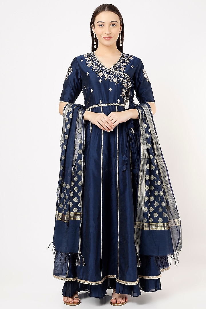 Navy Blue Aari Embroidered Anarkali Set by Sheela Suthar Pret|Couture